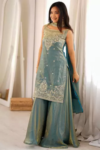 Women's Gorgeous Embroidery Fendy Silk Fabric Straight Kurta Sharara and Dupatta Set