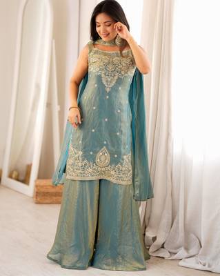 Women's Gorgeous Embroidery Fendy Silk Fabric Straight Kurta Sharara and Dupatta Set 5
