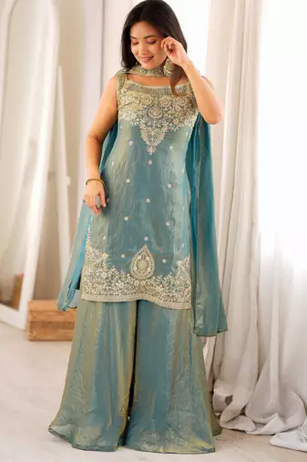 Women's Gorgeous Embroidery Fendy Silk Fabric Straight Kurta Sharara and Dupatta Set