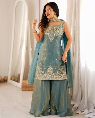 Women's Gorgeous Embroidery Fendy Silk Fabric Straight Kurta Sharara and Dupatta Set 6