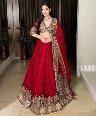 Red Chinon Lehenga Choli with Dupatta 1