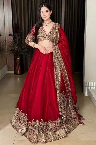 Red Chinon Lehenga Choli with Dupatta