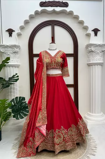 Red Chinon Lehenga Choli with Dupatta