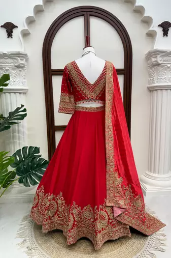 Red Chinon Lehenga Choli with Dupatta