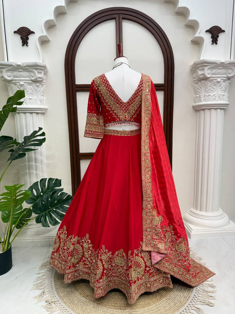 Red Chinon Lehenga Choli with Dupatta