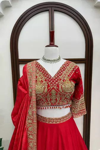 Red Chinon Lehenga Choli with Dupatta