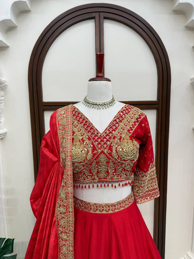 Red Chinon Lehenga Choli with Dupatta