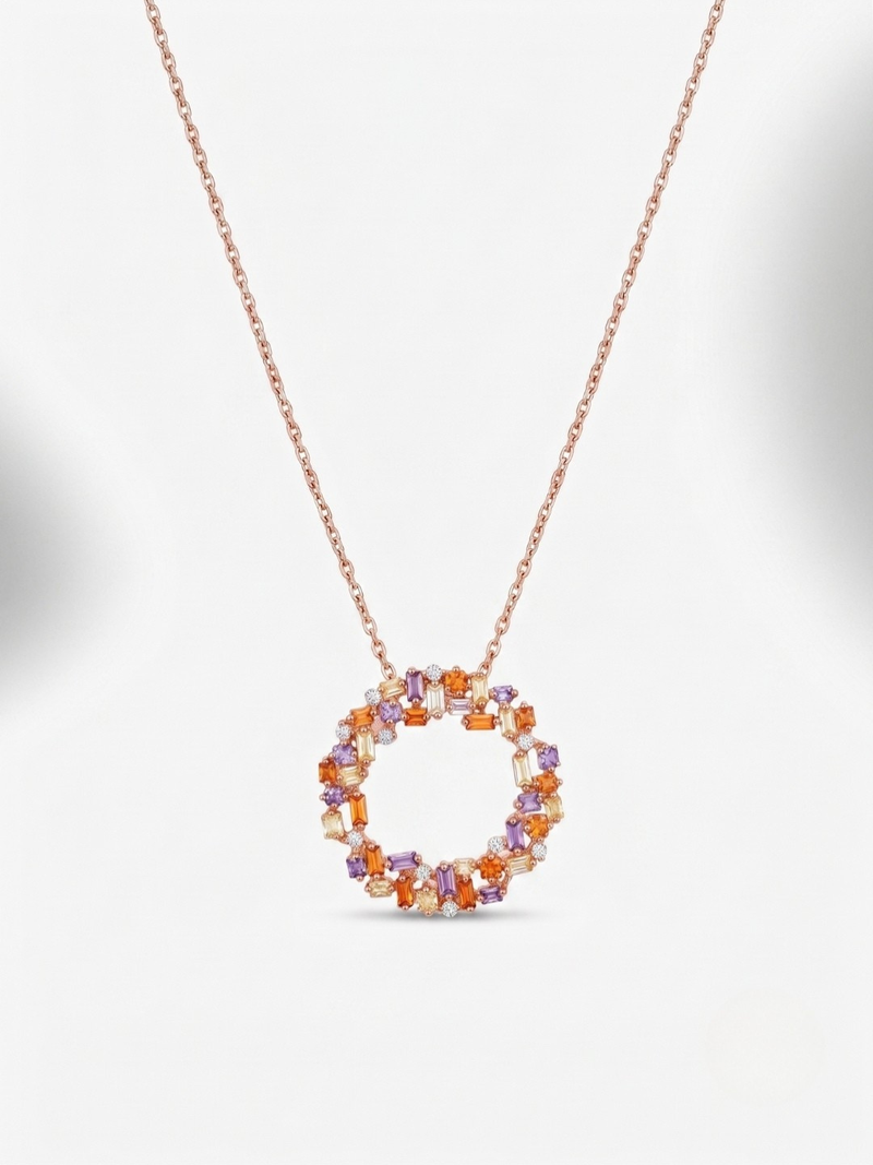 925 Sterling Silver Rose Gold  Multicolor  Circle Pendant Necklace Set  for Women