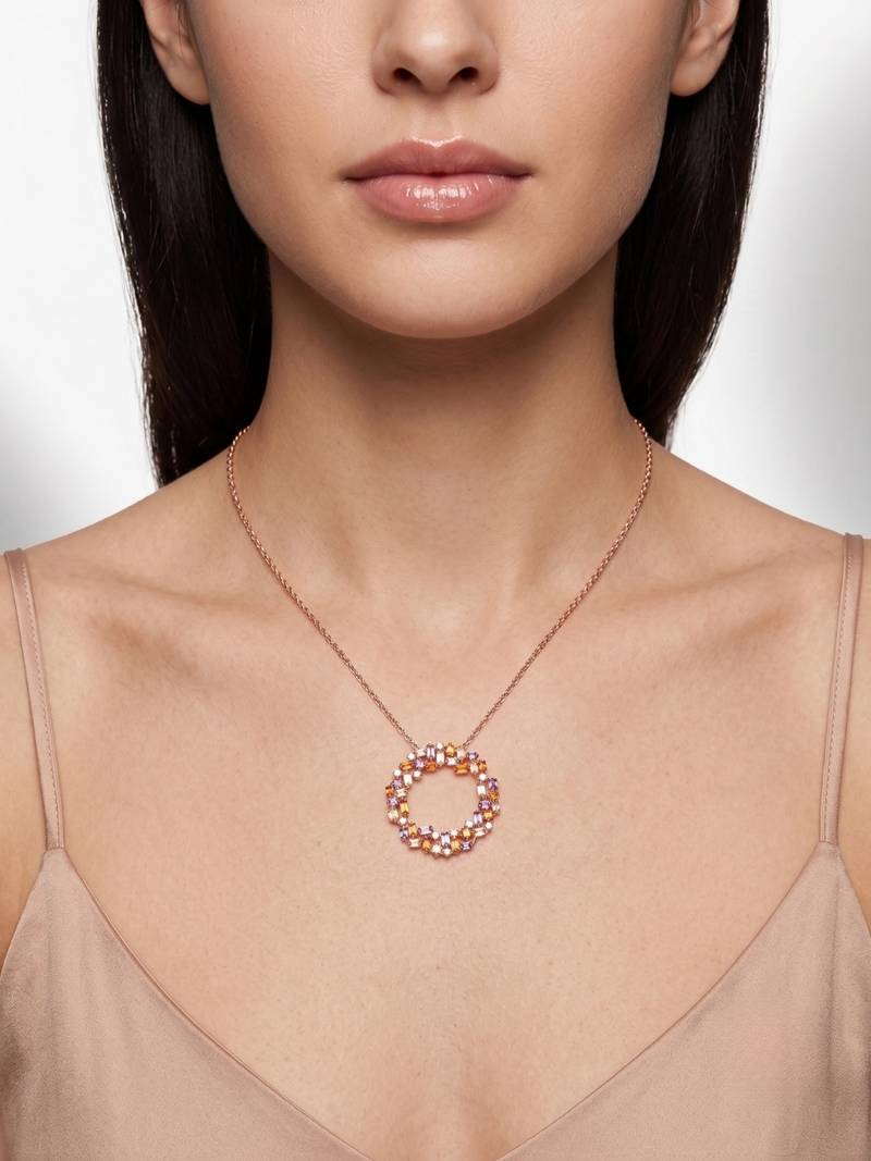 925 Sterling Silver Rose Gold  Multicolor  Circle Pendant Necklace Set  for Women