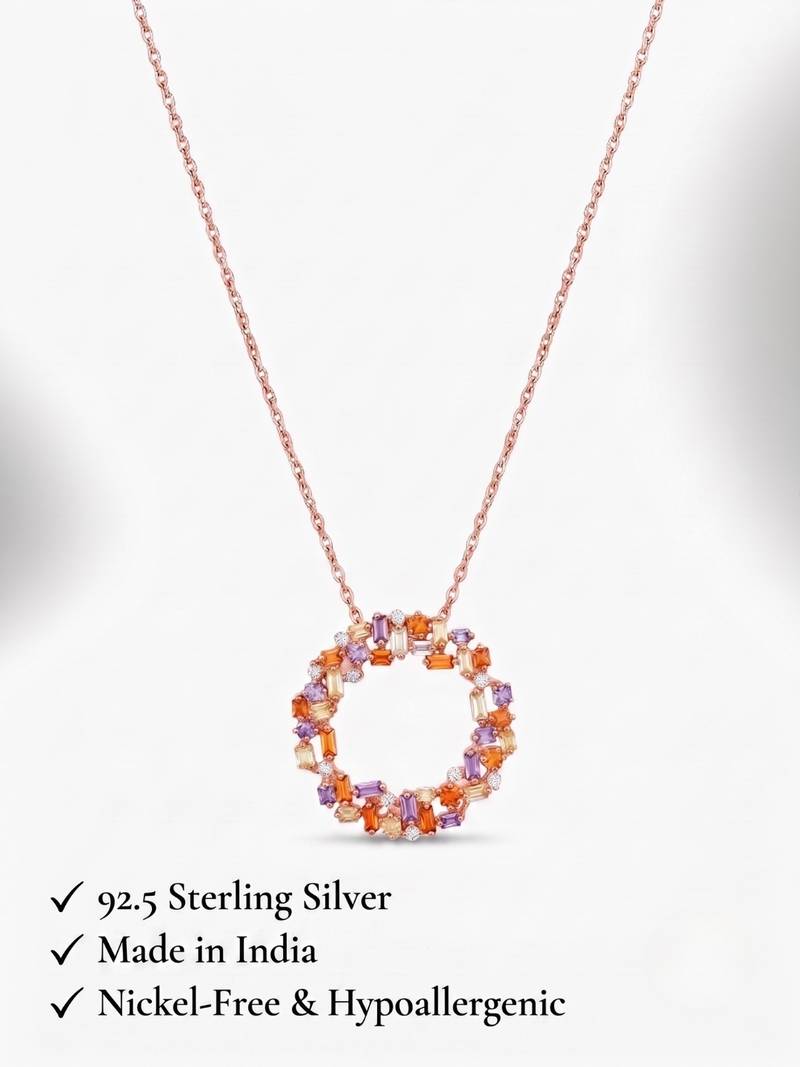 925 Sterling Silver Rose Gold  Multicolor  Circle Pendant Necklace Set  for Women