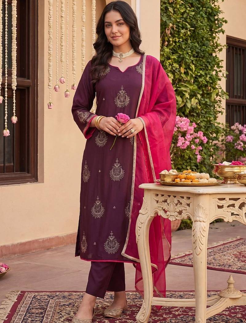 Women Ethnic Motifs Embroidered Regular Thread Work Liva Kurta with Trousers & With Dupatta