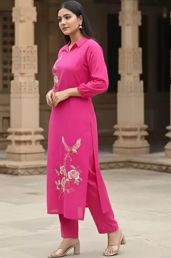 Women Floral Embroidered Regular Thread Work Pure Cotton Kurta with Trousers