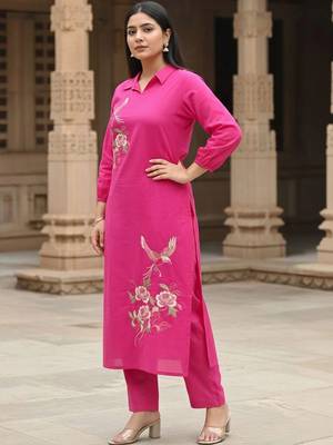Women Floral Embroidered Regular Thread Work Pure Cotton Kurta with Trousers 7