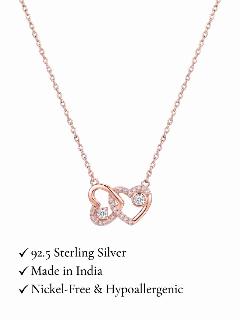 925 Sterling Silver Interlocking Rose Gold Heart Pendant Necklace Set  for Women