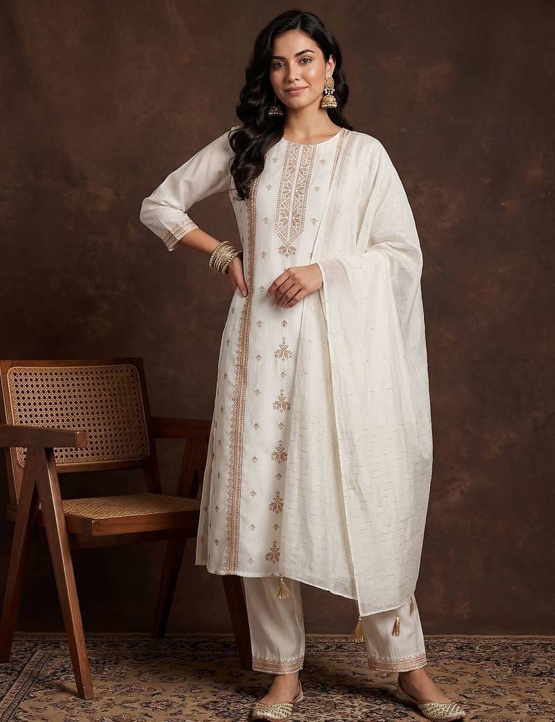 Women Ethnic Motifs Embroidered Regular Sequinned Kurta with Trousers & With Dupatta