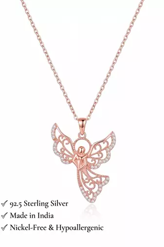 925 Sterling Silver Rose Gold  Angel Pendant Necklace  Set for Women