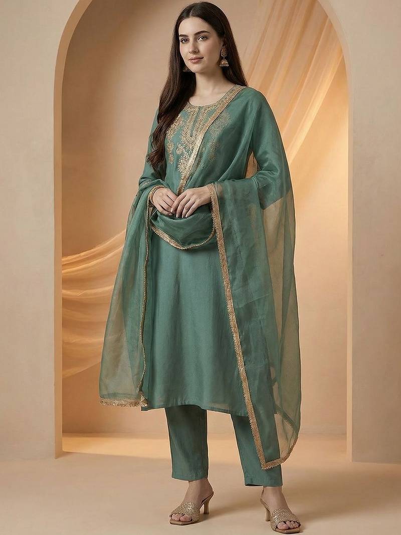 Women Ethnic Motifs Embroidered Regular Kurta with Trousers & With Dupatta