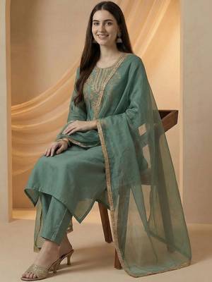 Women Ethnic Motifs Embroidered Regular Kurta with Trousers & With Dupatta 4