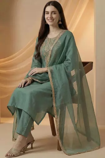 Women Ethnic Motifs Embroidered Regular Kurta with Trousers & With Dupatta