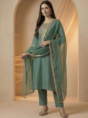 Women Ethnic Motifs Embroidered Regular Kurta with Trousers & With Dupatta 5