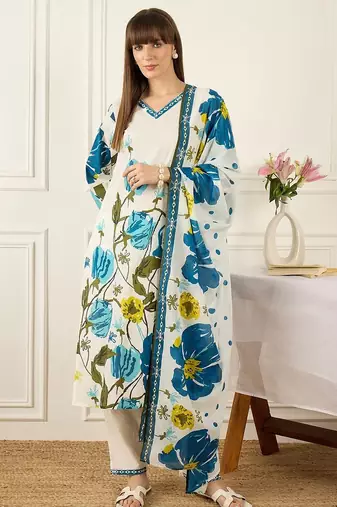Women Floral Printed Regular Pure Cotton Kurta with Trousers & With Dupatta