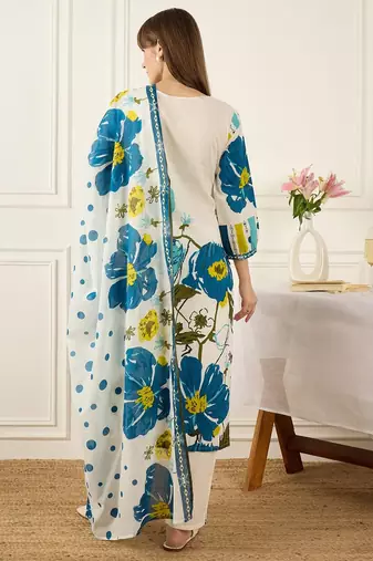 Women Floral Printed Regular Pure Cotton Kurta with Trousers & With Dupatta
