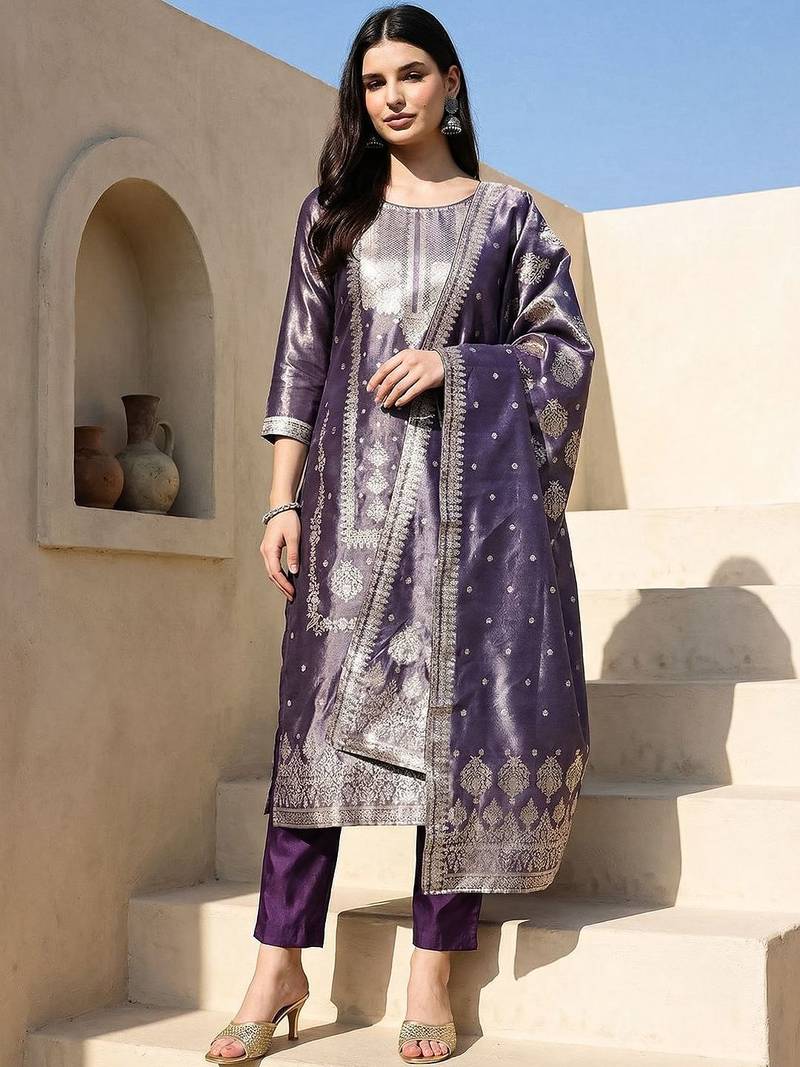 Women Ethnic Motifs Regular Kurta with Trousers & With Dupatta
