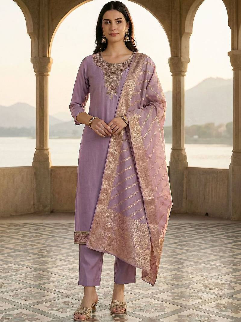 Women Ethnic Motifs Embroidered Regular Thread Work Kurta with Trousers & With Dupatta