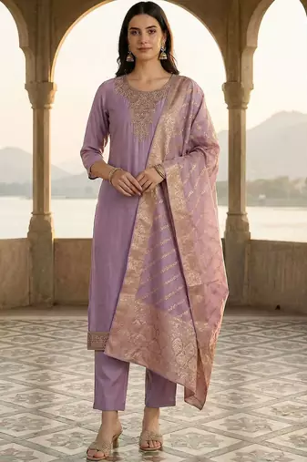 Women Ethnic Motifs Embroidered Regular Thread Work Kurta with Trousers & With Dupatta