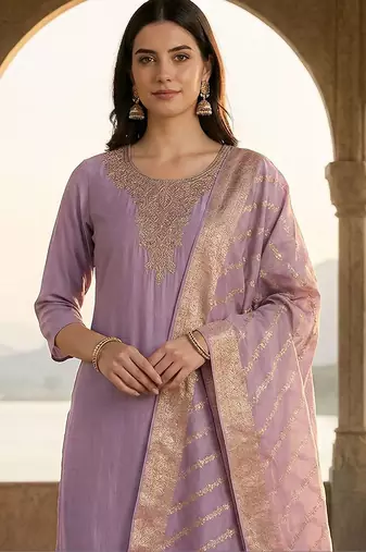 Women Ethnic Motifs Embroidered Regular Thread Work Kurta with Trousers & With Dupatta