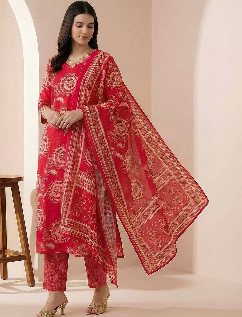 Women Floral Printed Regular Chanderi Silk Kurta with Trousers & With Dupatta