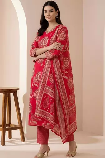Women Floral Printed Regular Chanderi Silk Kurta with Trousers & With Dupatta