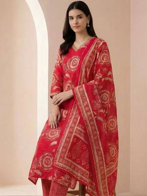 Women Floral Printed Regular Chanderi Silk Kurta with Trousers & With Dupatta 4