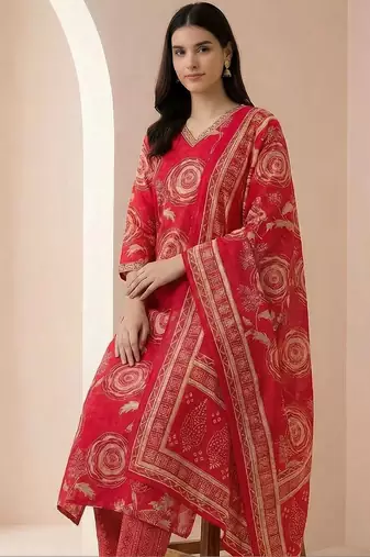 Women Floral Printed Regular Chanderi Silk Kurta with Trousers & With Dupatta