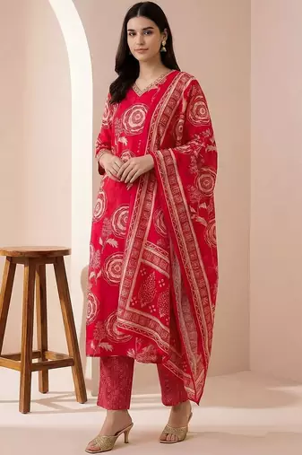 Women Floral Printed Regular Chanderi Silk Kurta with Trousers & With Dupatta