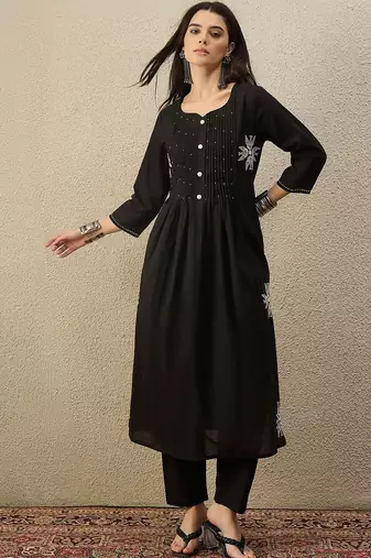 Women Ethnic Motifs Embroidered Pleated Thread Work Pure Cotton Kurta with Trousers