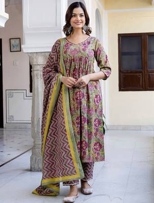 Women Floral Printed Empire Pure Cotton Kurta with Trousers & With Dupatta 1