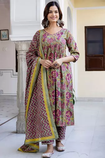 Women Floral Printed Empire Pure Cotton Kurta with Trousers & With Dupatta