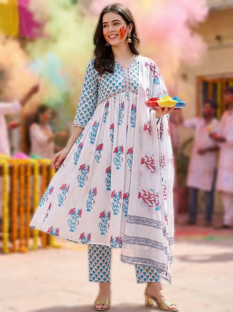 Women Floral Printed Cotton A-Line Kurta with Trousers & Dupatta