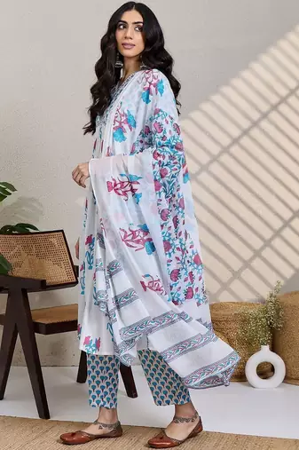 Women Floral Printed Cotton A-Line Kurta with Trousers & Dupatta