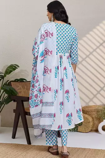 Women Floral Printed Cotton A-Line Kurta with Trousers & Dupatta