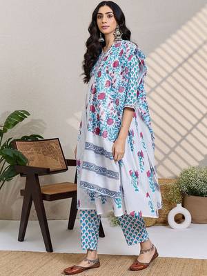 Women Floral Printed Cotton A-Line Kurta with Trousers & Dupatta 5
