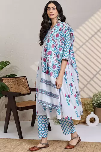 Women Floral Printed Cotton A-Line Kurta with Trousers & Dupatta