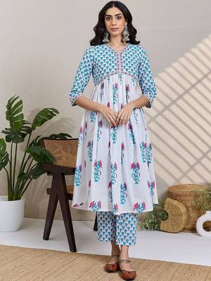 Women Floral Printed Cotton A-Line Kurta with Trousers & Dupatta 6