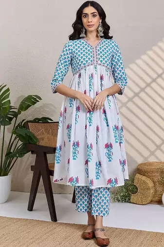 Women Floral Printed Cotton A-Line Kurta with Trousers & Dupatta