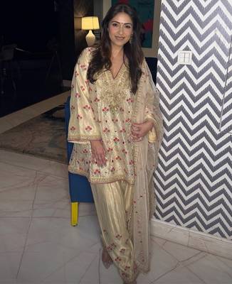 Ivory chiffon satin embroidered kurta palazzo set with dupatta 1