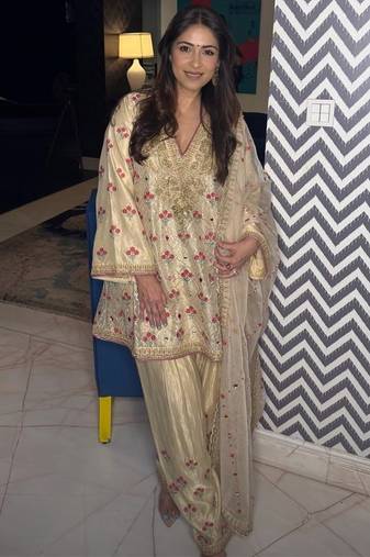 Ivory chiffon satin embroidered kurta palazzo set with dupatta