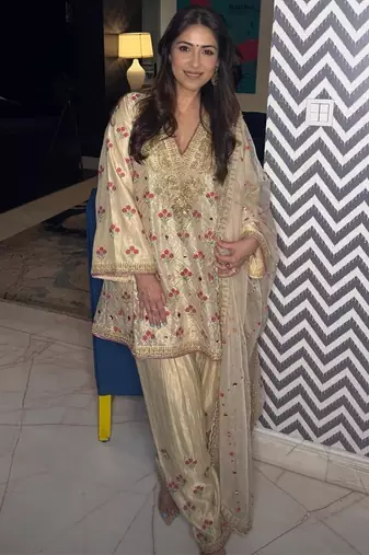 Ivory chiffon satin embroidered kurta palazzo set with dupatta