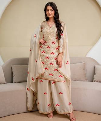 Ivory chiffon satin embroidered kurta palazzo set with dupatta 1