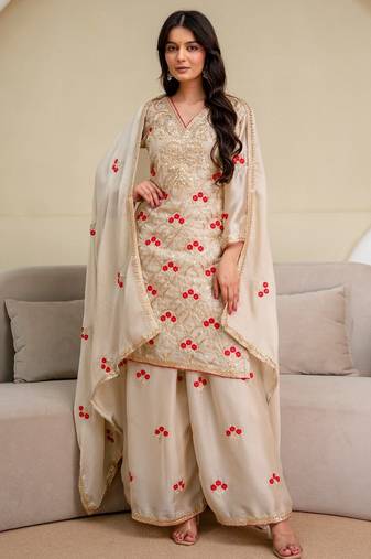 Ivory chiffon satin embroidered kurta palazzo set with dupatta
